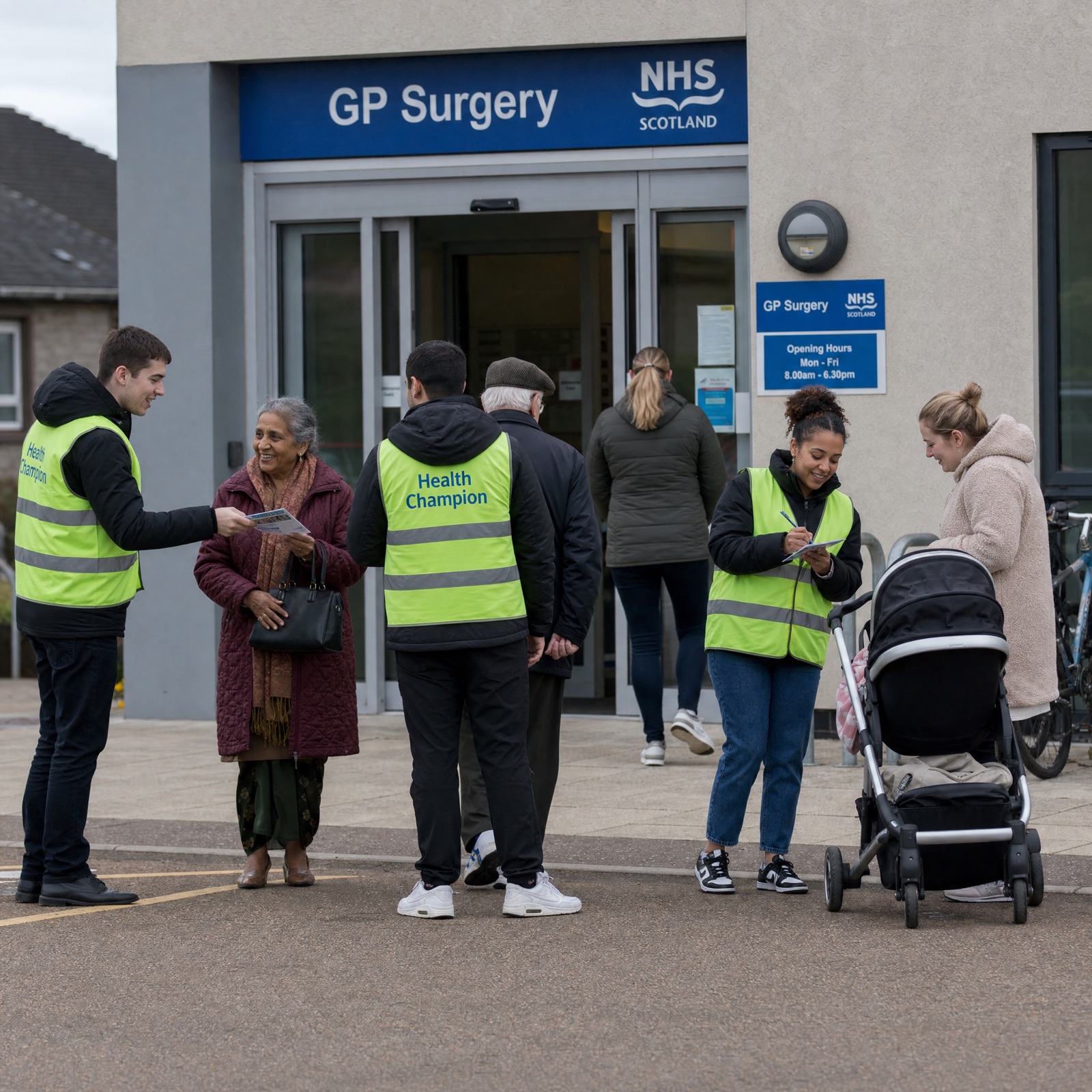 Volunteers gathered around health resources in a community hall